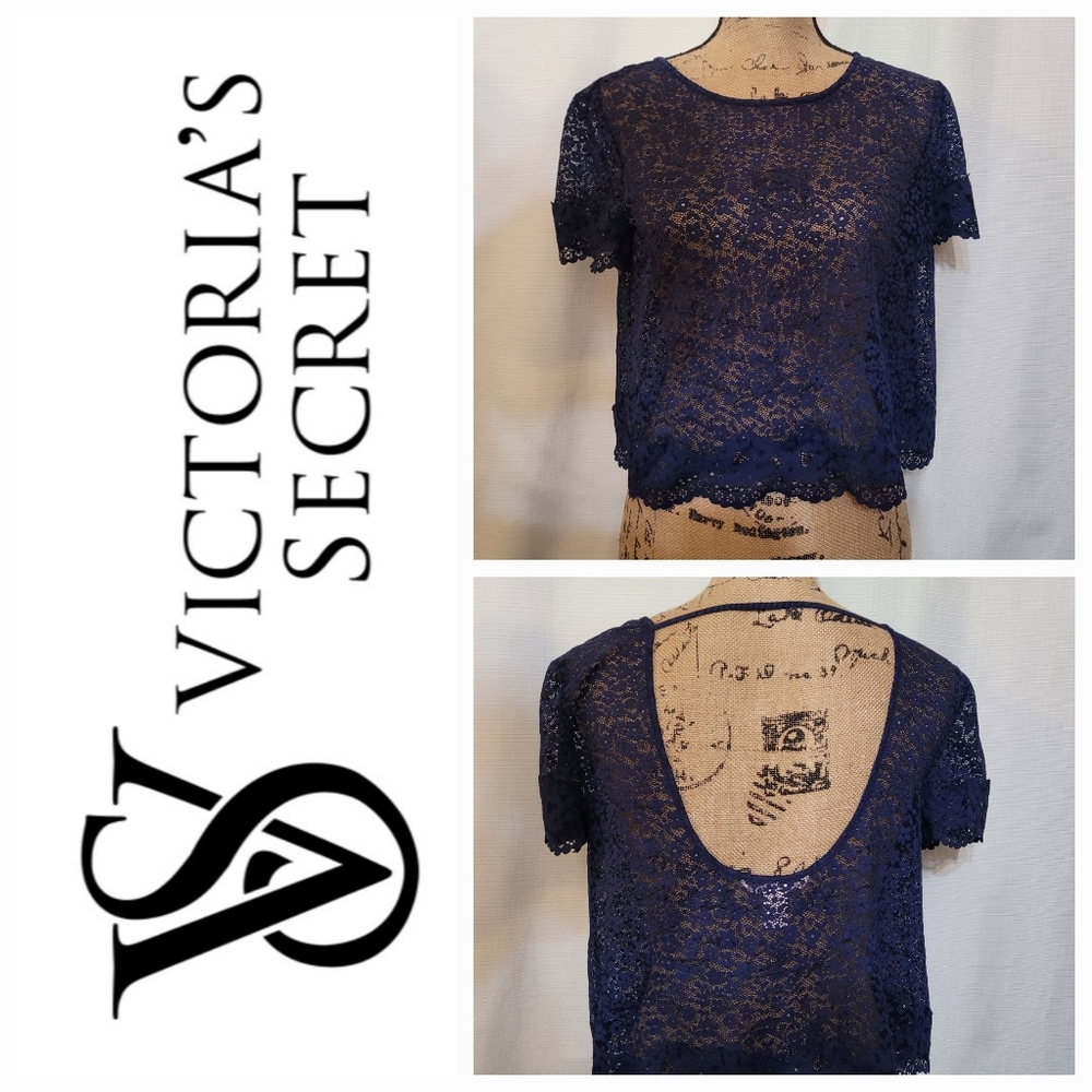 3 For $30😃 Victoria's Secret Beautiful Lace Floral Crop-Top In Navy🤩